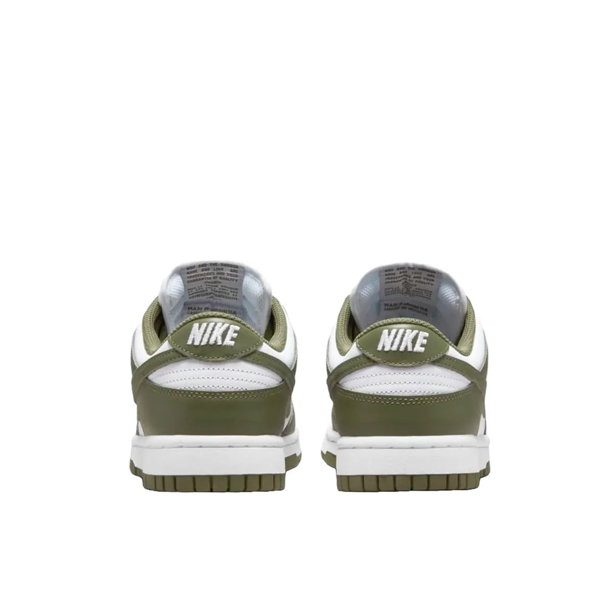 Nike Dunk Low Women's sneakers, back view, model DD1503-120 in medium olive with white details.