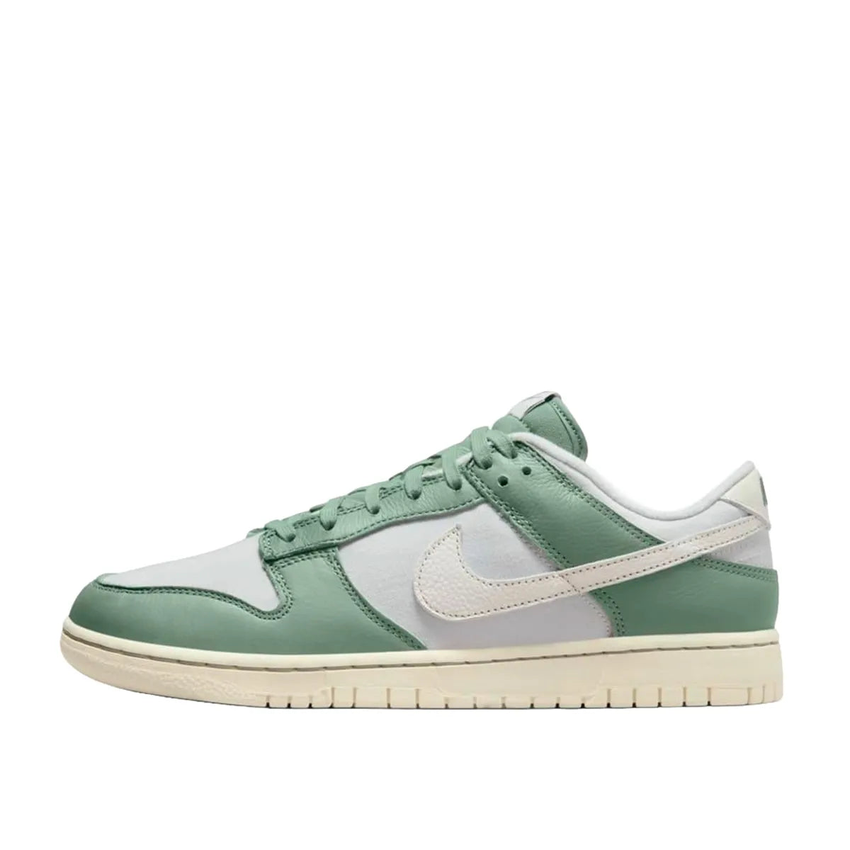 Nike Dunk Low sneakers, side view, model DV7212-300 in mica green with white and grey details.