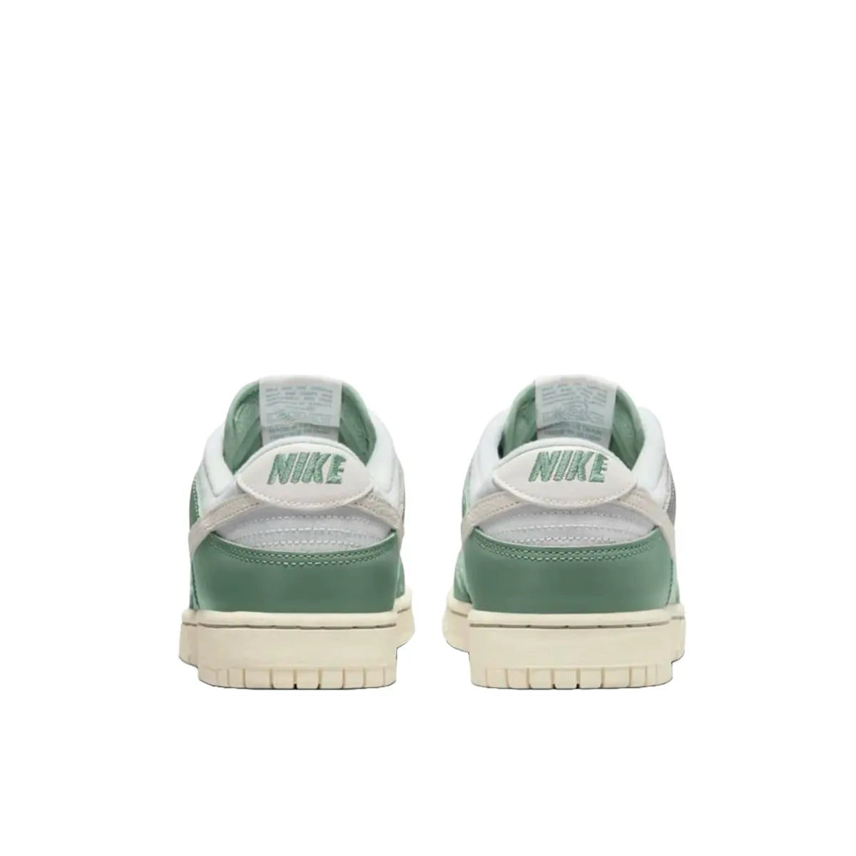 Nike Dunk Low sneakers, back view, model DV7212-300 in mica green with white and grey details.