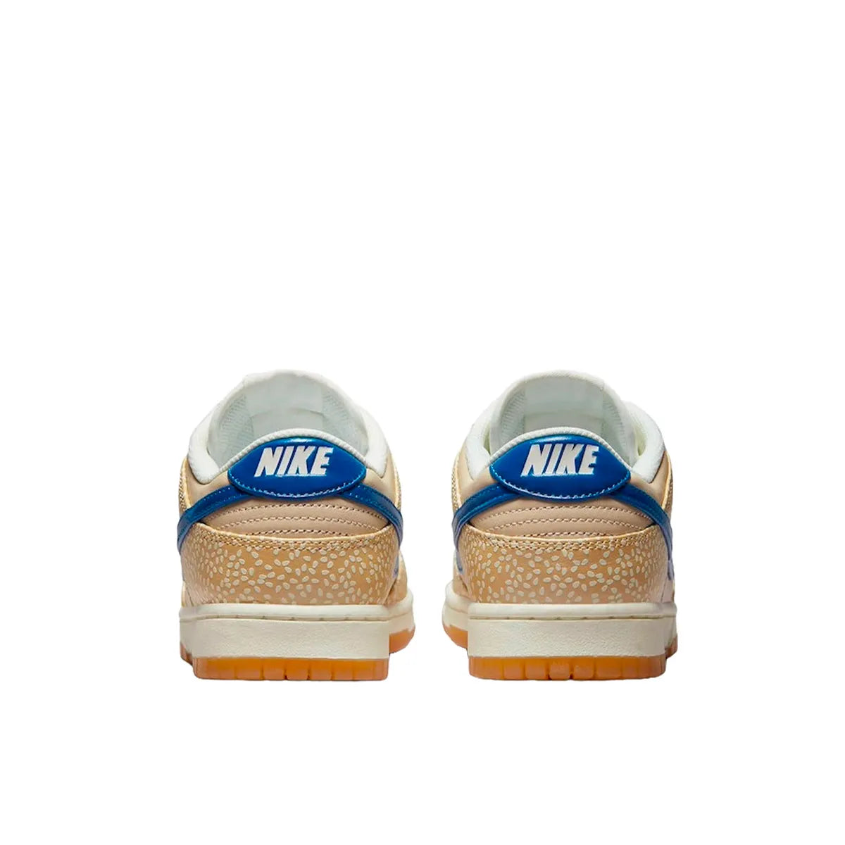 Nike Dunk Low Montreal Bagel sneakers, back view, model DZ4853-200, in sesame with beige and brown accents.