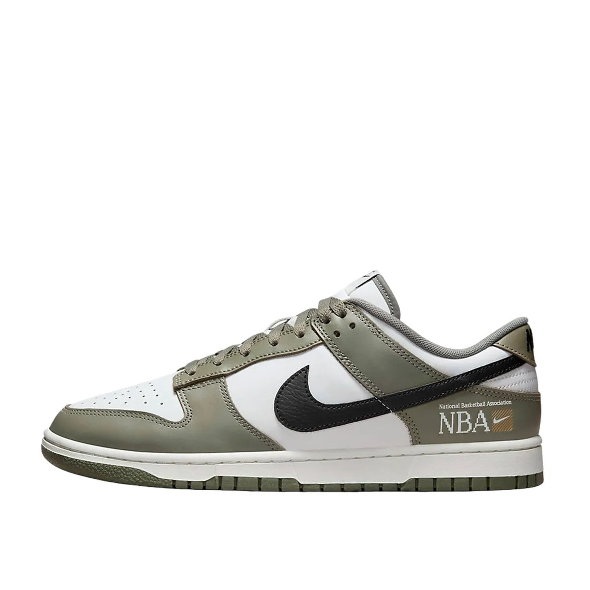 Nike Dunk Low NBA Paris sneakers, side view, model FZ4624-001 in grey and white.