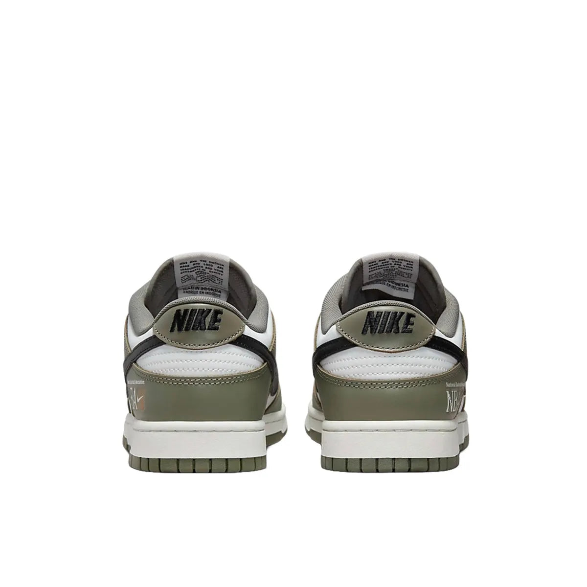 Nike Dunk Low NBA Paris sneakers, back view, model FZ4624-001 in grey and white.