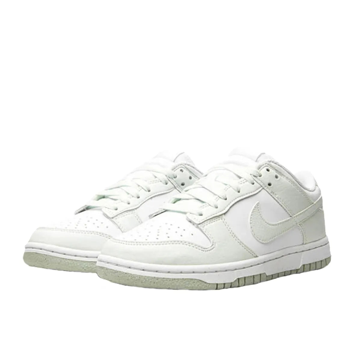 Nike Dunk Low Next Nature Women's sneakers, front view, model DN1431-102 in white with mint green details.