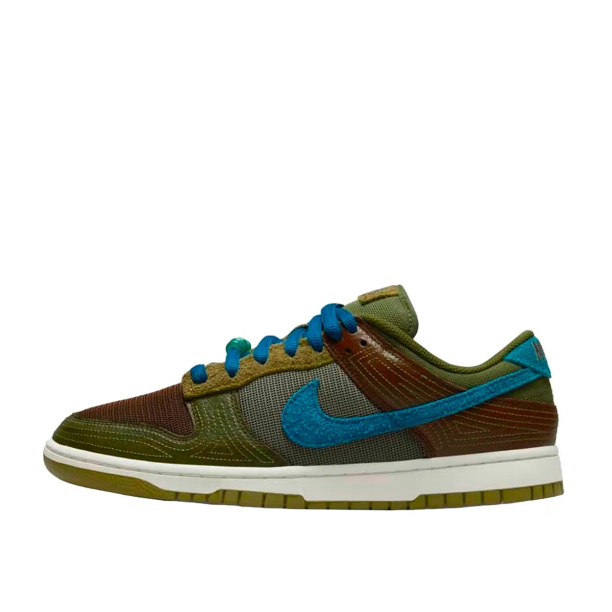 Nike Dunk Low NH Cacao Wow sneakers, side view, model DR0159-200, in cacao brown with green and blue accents.