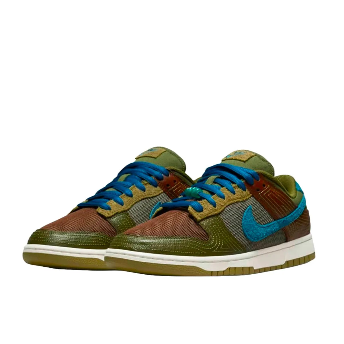 Nike Dunk Low NH Cacao Wow sneakers, front view, model DR0159-200, in cacao brown with green and blue accents.