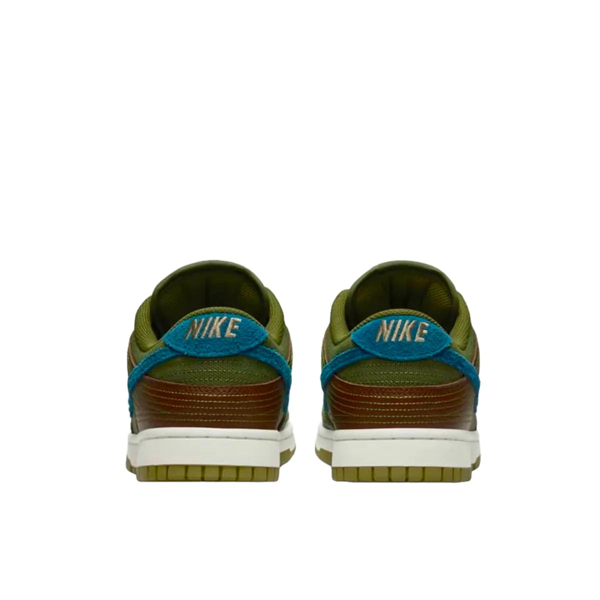 Nike Dunk Low NH Cacao Wow sneakers, back view, model DR0159-200, in cacao brown with green and blue accents.