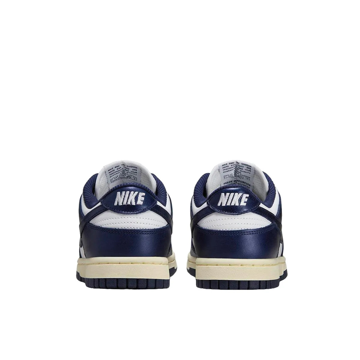 Nike Dunk Low PRM Women's sneakers, back view, model FN7197-100, in vintage navy with white accents.