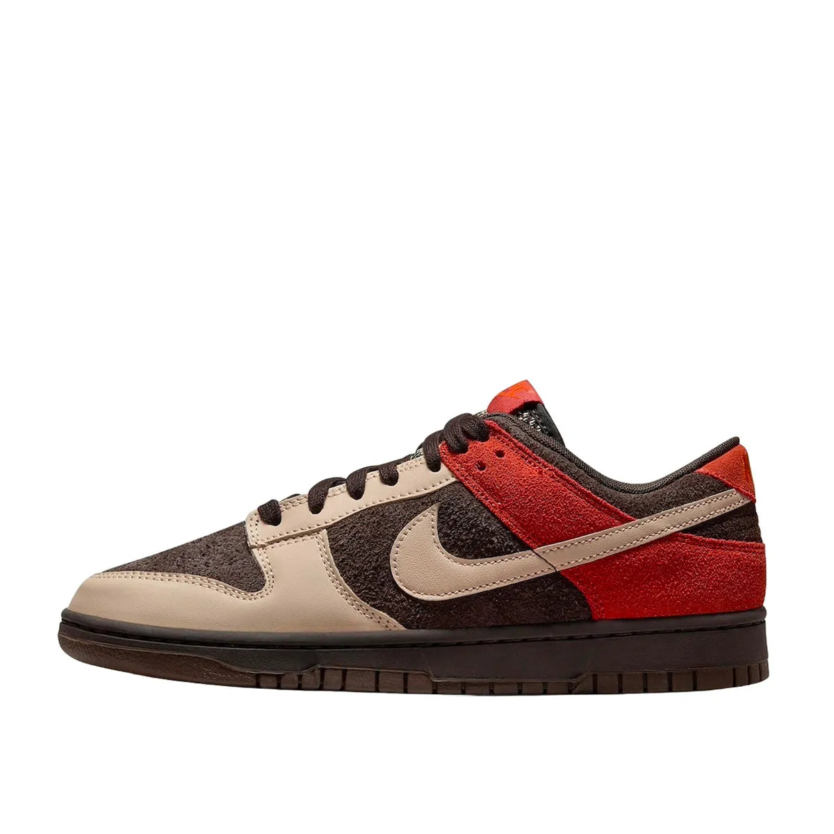 Nike Dunk Low Red Panda sneakers, side view, model FV0395-200 in beige and red with brown details.