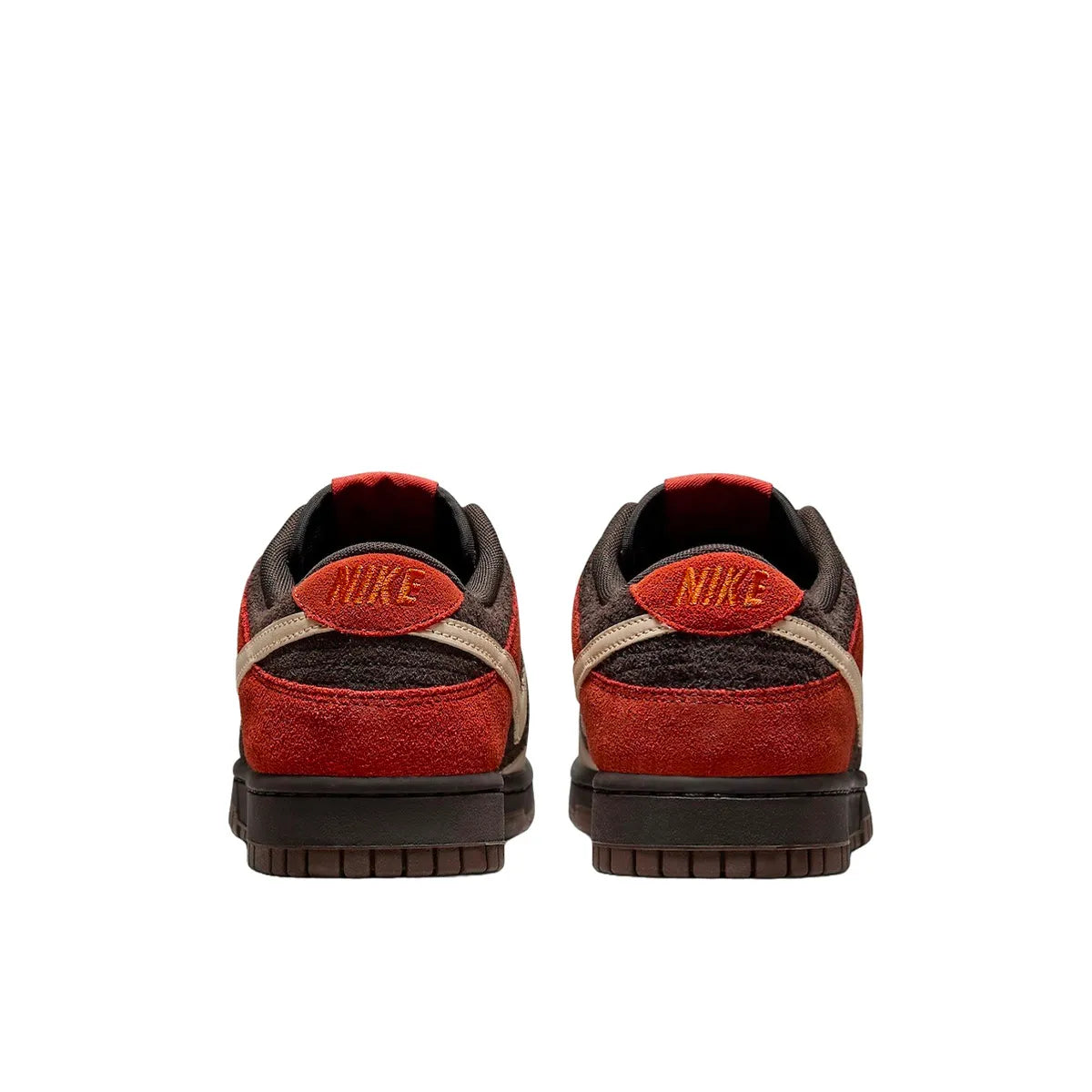 Nike Dunk Low Red Panda sneakers, back view, model FV0395-200 in beige and red with brown details.