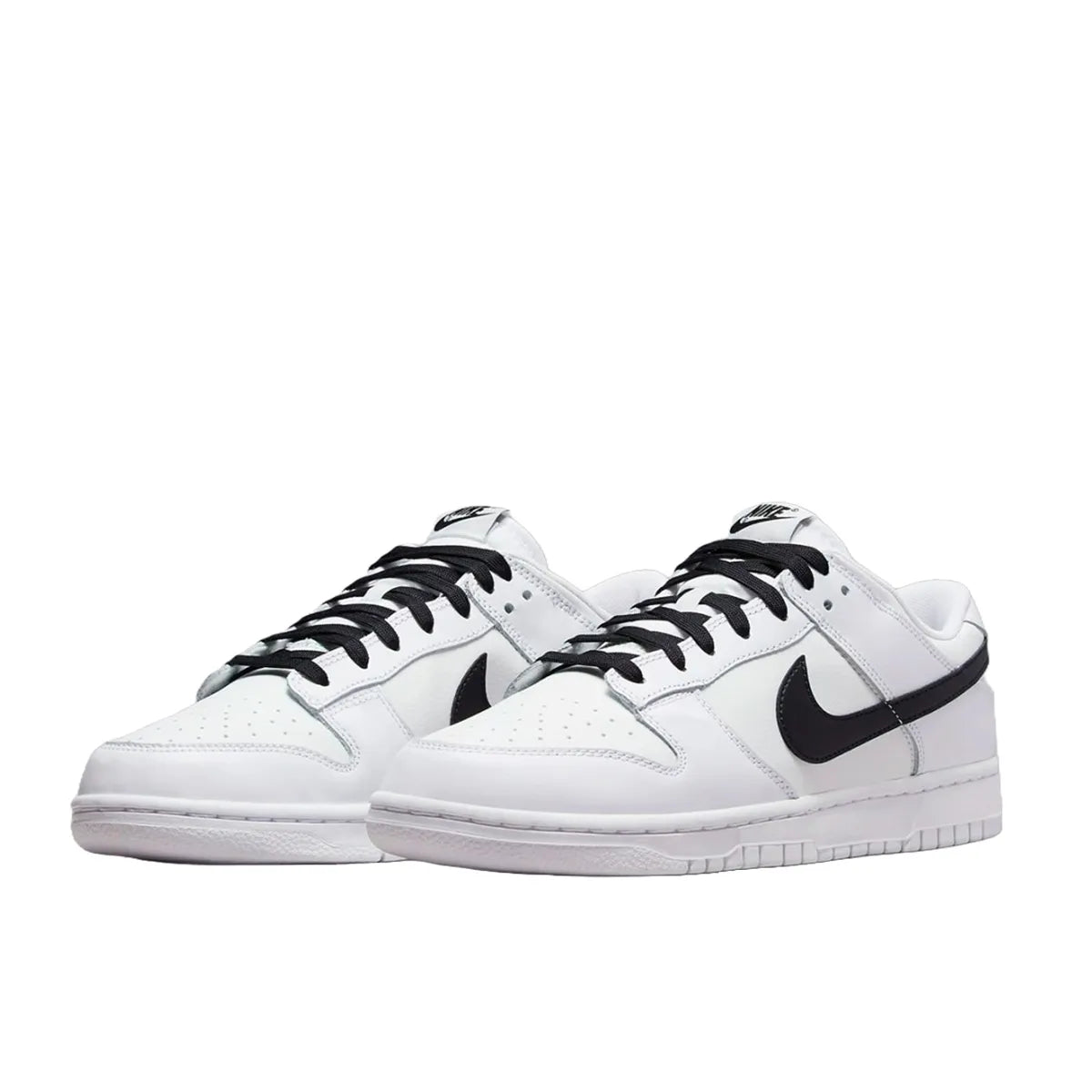 Nike Dunk Low Reverse Panda sneakers, front view, model DJ6188-101 in white and black.