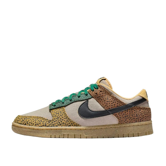 Nike Dunk Low Safari sneakers in Golden Moss, side view, model DX2654-200 in brown and green.