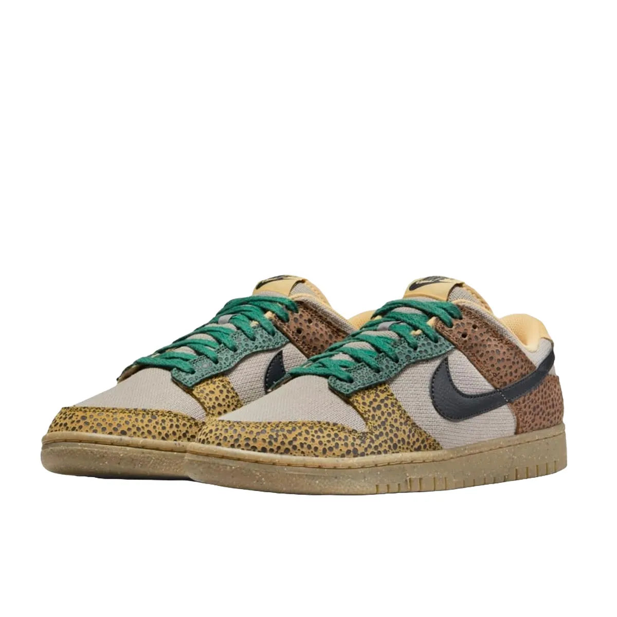 Nike Dunk Low Safari sneakers in Golden Moss, front view, model DX2654-200 in brown and green.