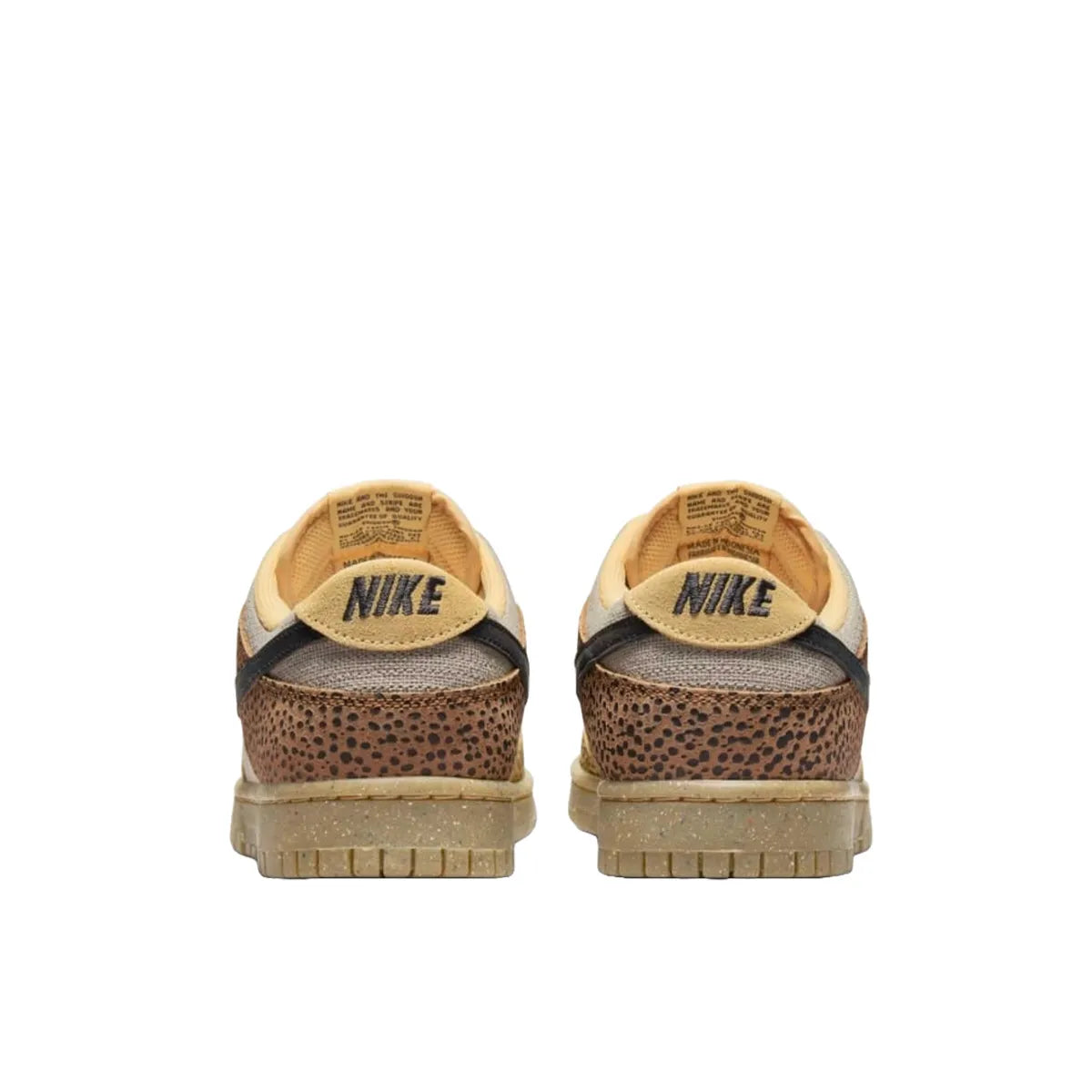 Nike Dunk Low Safari sneakers in Golden Moss, back view, model DX2654-200 in brown and green.