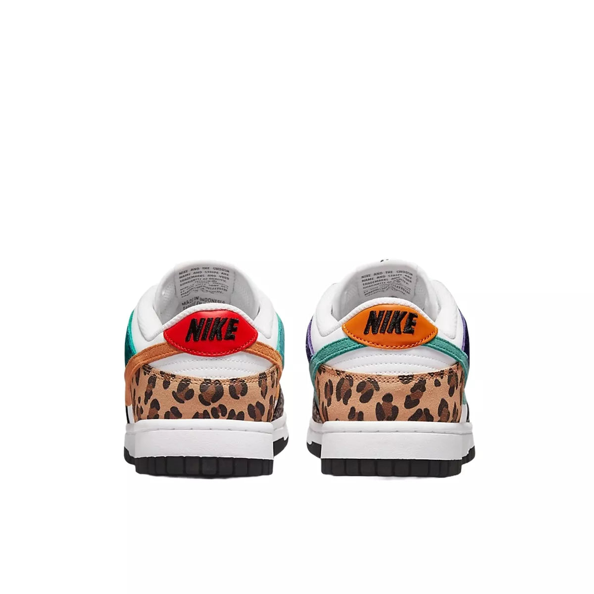 Nike Dunk Low Safari Mix sneakers, back view, model DN3866-100 for women in safari multicolor.