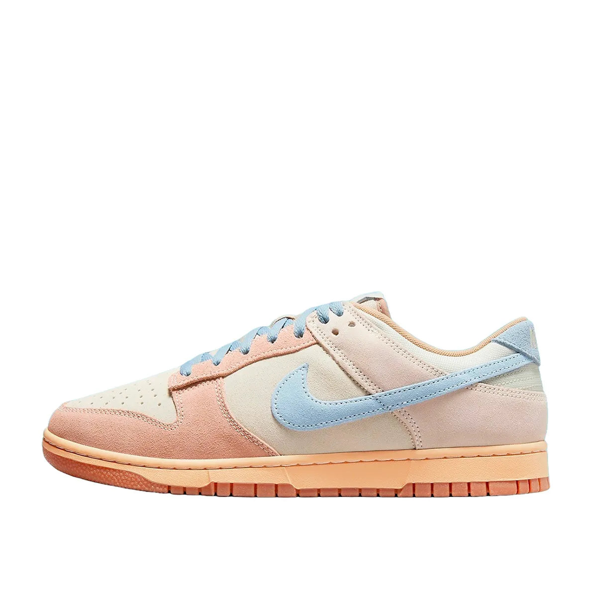 Nike Dunk Low Sanddrift sneakers, side view, model HF0106-100, in light armory blue with sanddrift and white accents.