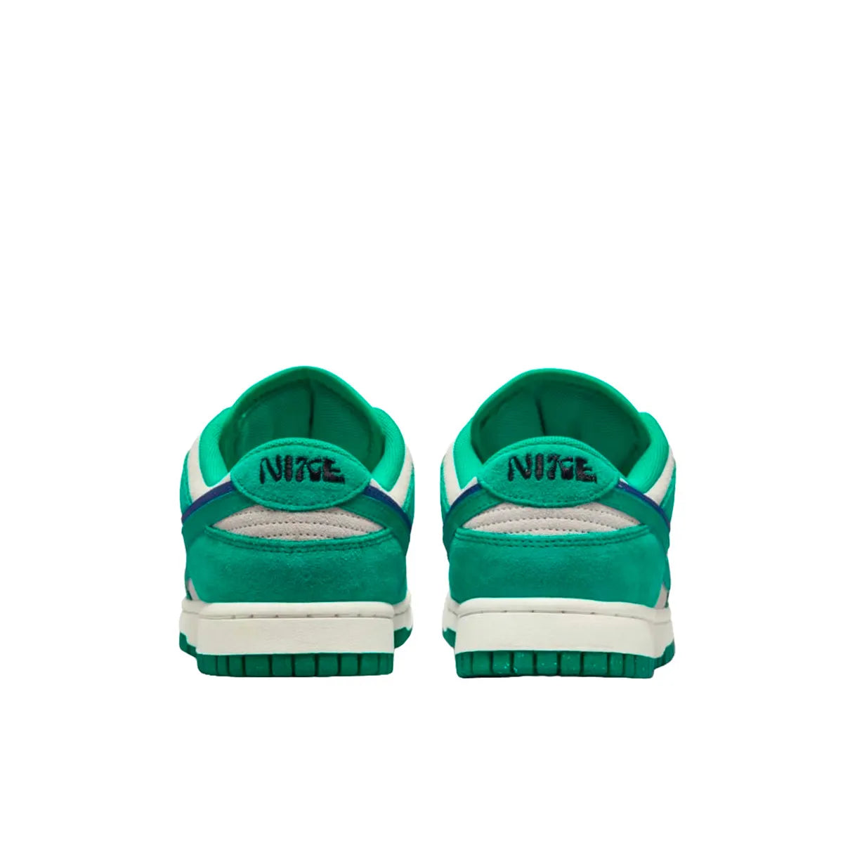 Nike Dunk Low SE '85 Women's sneakers, back view, model DO9457-101 in Neptune green with white and grey details.