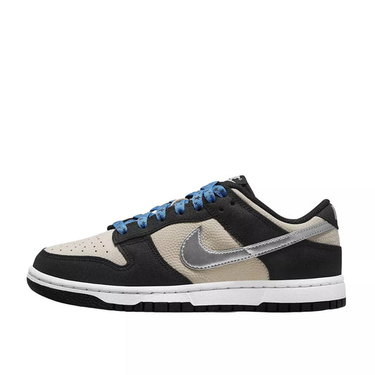 Nike Dunk Low Starry Laces sneakers, side view, model DZ4712-001, women's, black and grey with starry laces.