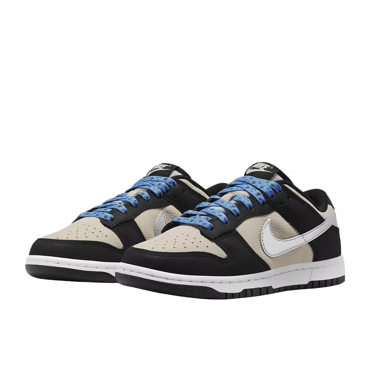 Nike Dunk Low Starry Laces sneakers, front view, model DZ4712-001, women's, black and grey with starry laces.