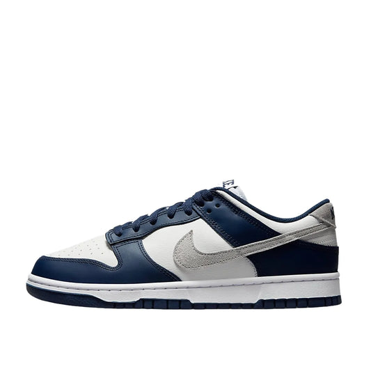 Nike Dunk Low Summit White Midnight Navy sneakers, side view, model FD9749-400 in white with navy accents.