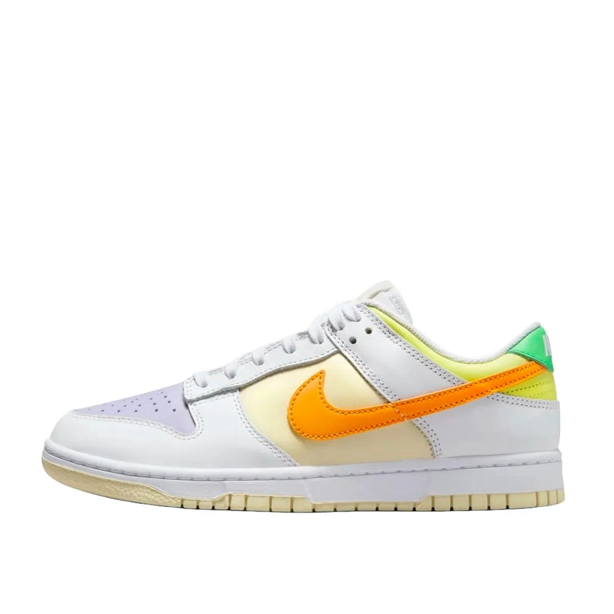 Nike Dunk Low Sundial sneakers, side view, model FJ4742-100 for women in white and sunrise color.