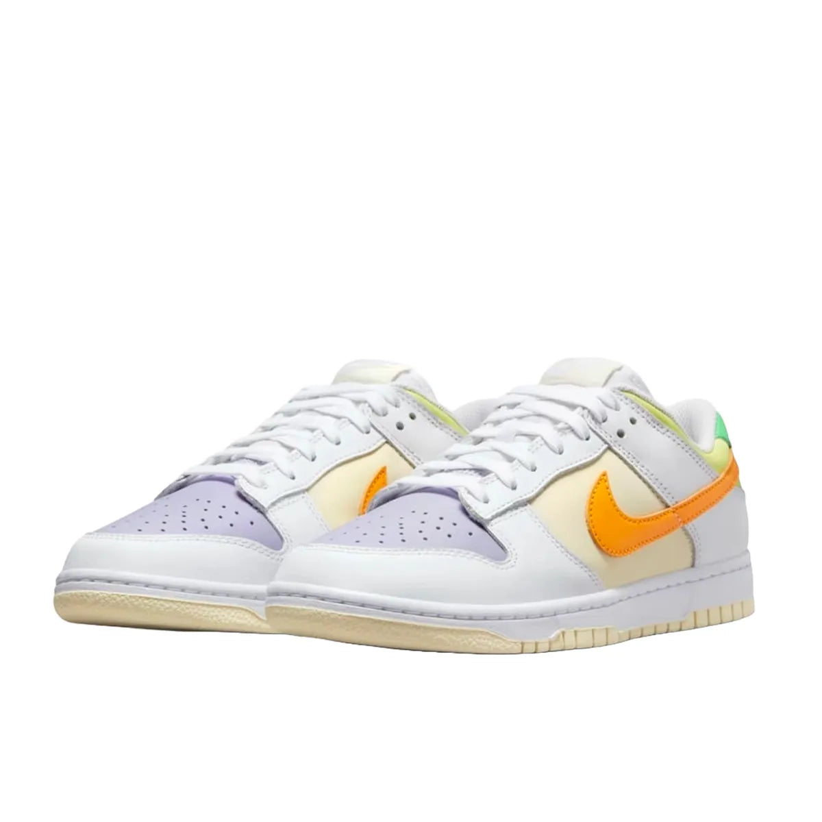 Nike Dunk Low Sundial sneakers, front view, model FJ4742-100 for women in white and sunrise color.