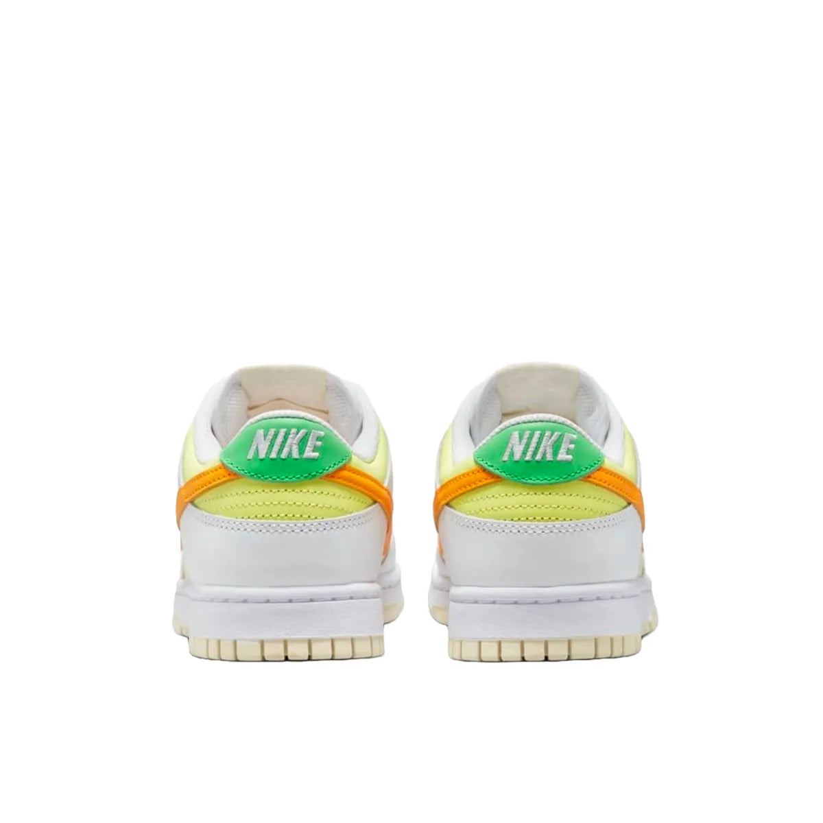 Nike Dunk Low Sundial sneakers, back view, model FJ4742-100 for women in white and sunrise color.