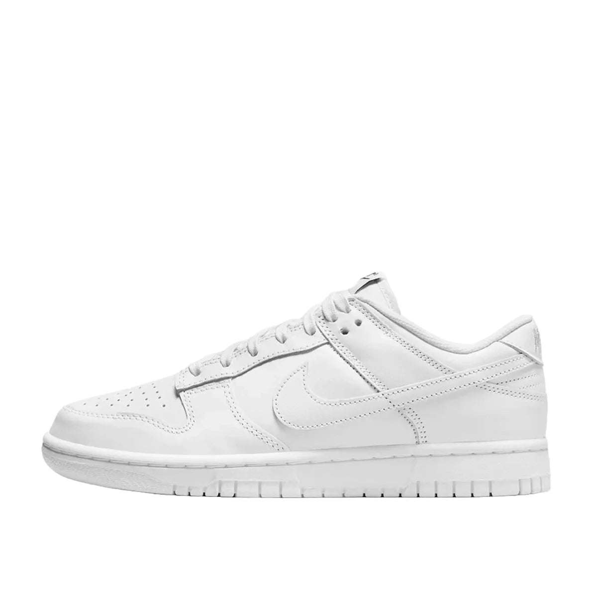 Nike Dunk Low Triple White (2021) Women's sneakers, side view, model DD1503-109, in triple white.