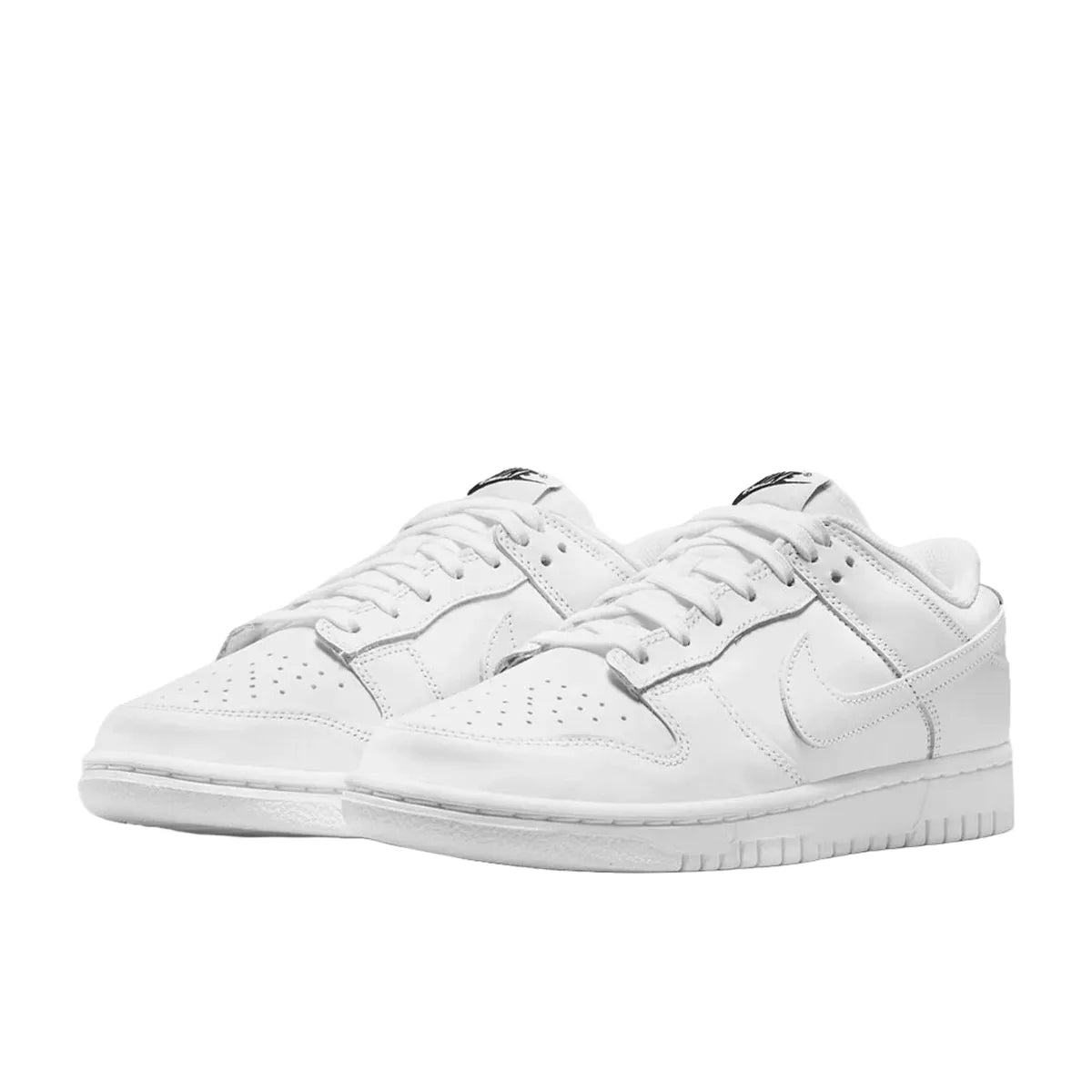 Nike Dunk Low Triple White (2021) Women's sneakers, front view, model DD1503-109, in triple white.