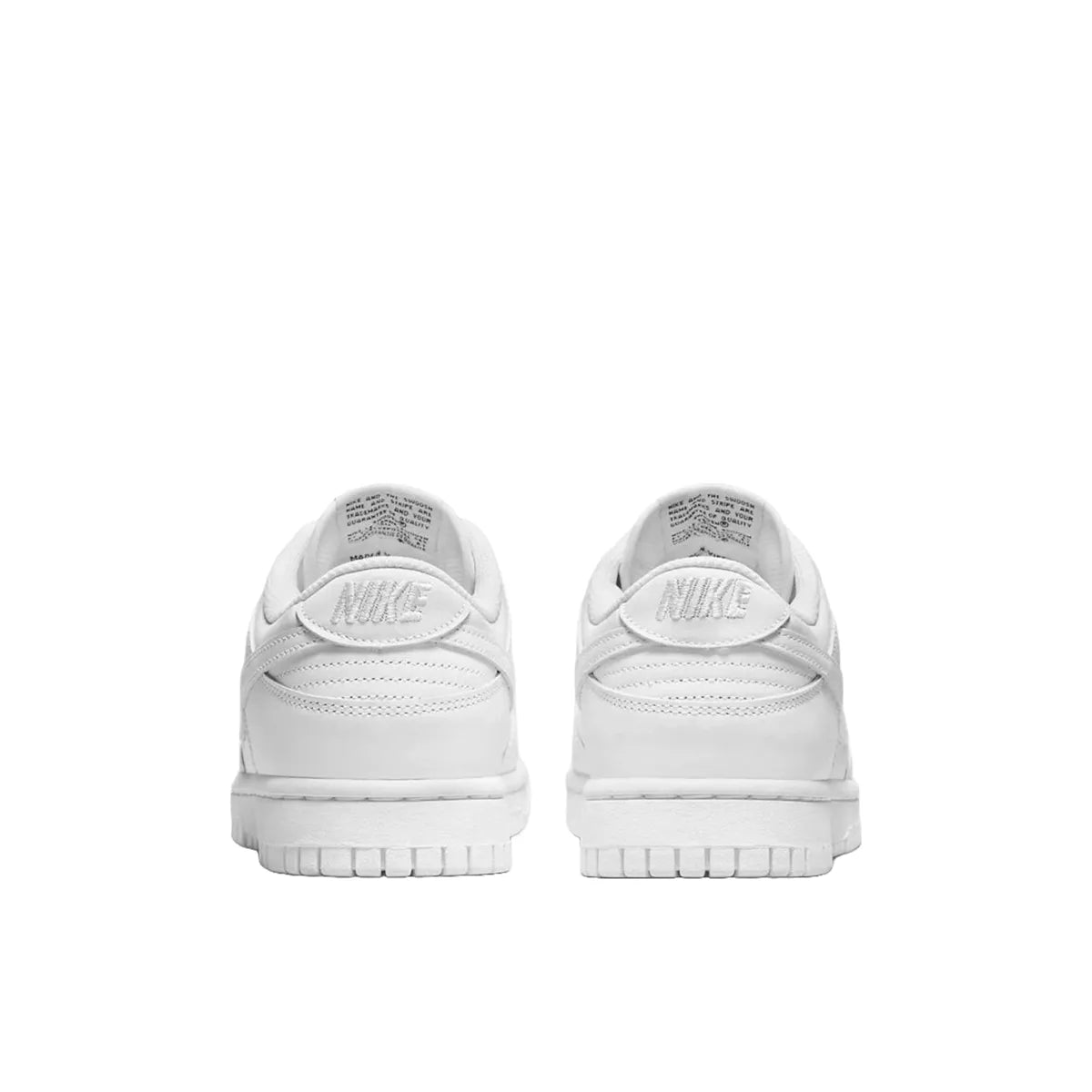 Nike Dunk Low Triple White (2021) Women's sneakers, back view, model DD1503-109, in triple white.