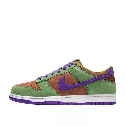 Nike Dunk Low Veneer 2020-2024 sneakers, side view, model DA1469-200 in brown, green, and purple.