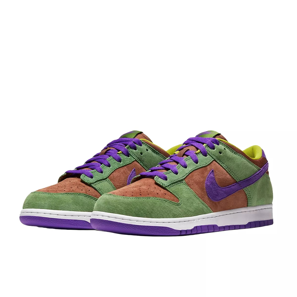 Nike Dunk Low Veneer 2020-2024 sneakers, front view, model DA1469-200 in brown, green, and purple.