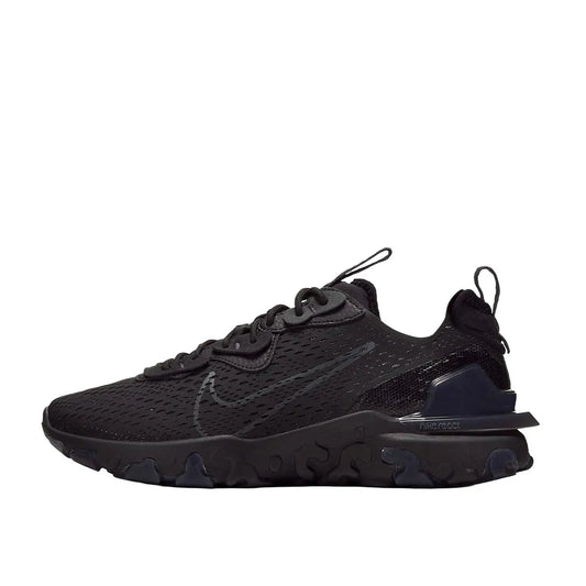 Nike React Vision sneakers in Black and Anthracite, side view, model CD4373-004 in black.