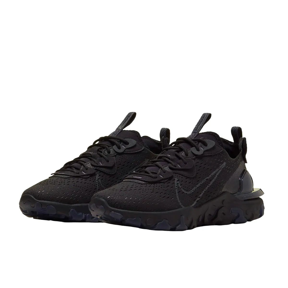 Nike React Vision sneakers in Black and Anthracite, front view, model CD4373-004 in black.