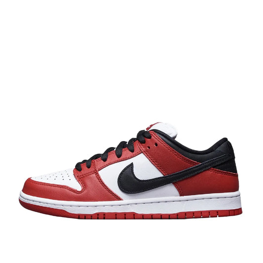 Nike SB Dunk Low Pro J Pack Chicago sneakers, side view, model BQ6817-600 in red and white with black accents.