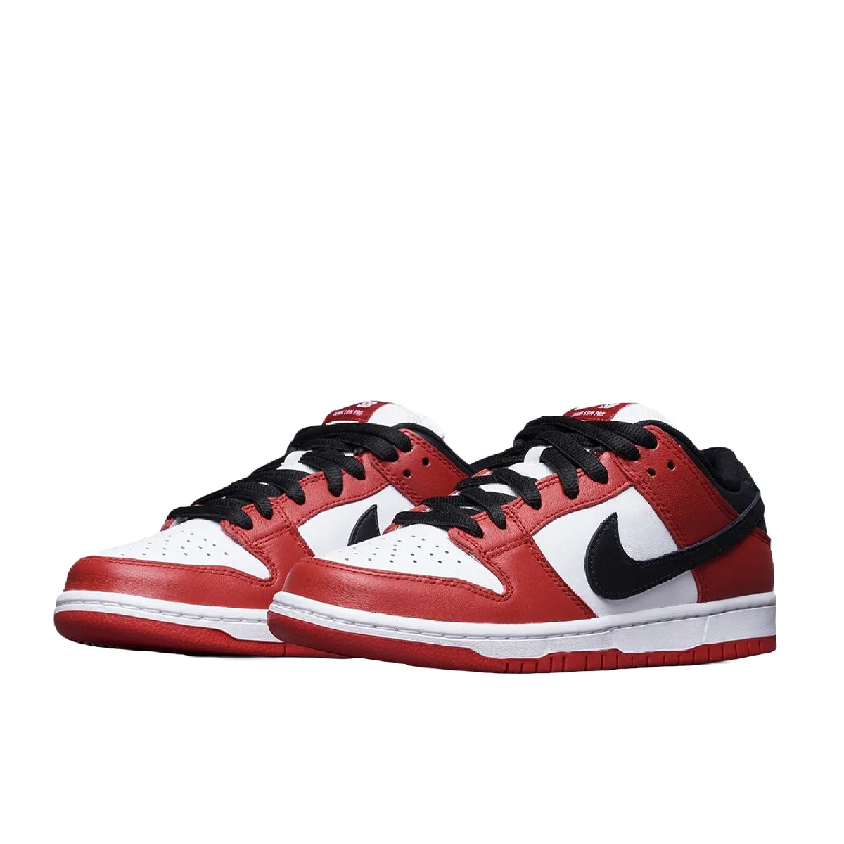 Nike SB Dunk Low Pro J Pack Chicago sneakers, front view, model BQ6817-600 in red and white with black accents.