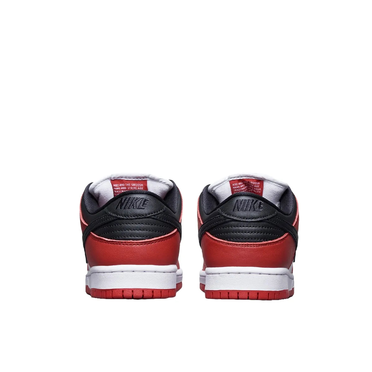 Nike SB Dunk Low Pro J Pack Chicago sneakers, back view, model BQ6817-600 in red and white with black accents.