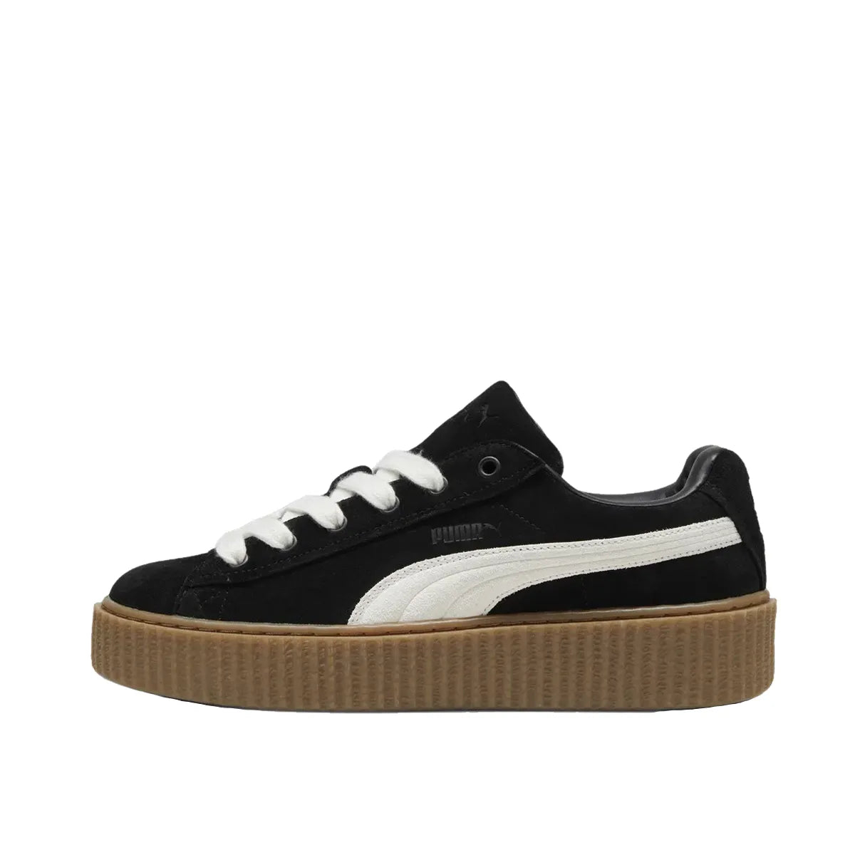 Puma Creeper Phatty Rihanna Fenty sneakers, side view, model 396403-01, in black with platform sole.