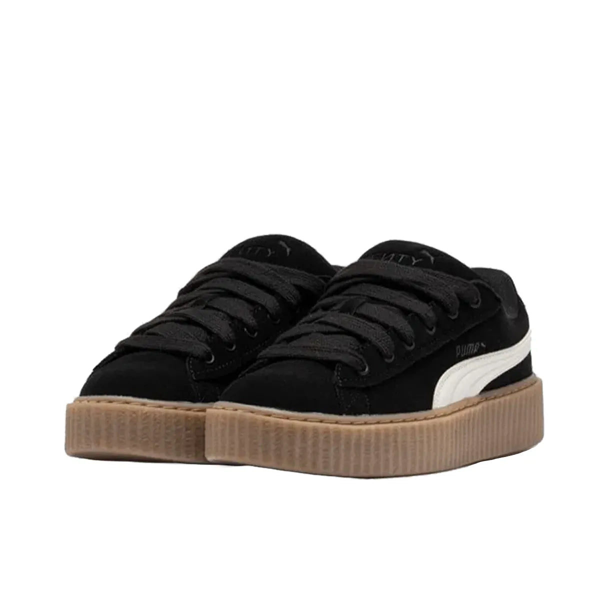 Puma Creeper Phatty Rihanna Fenty sneakers, front view, model 396403-01, in black with platform sole.