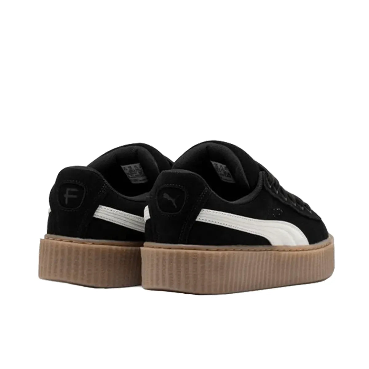 Puma Creeper Phatty Rihanna Fenty sneakers, back view, model 396403-01, in black with platform sole.