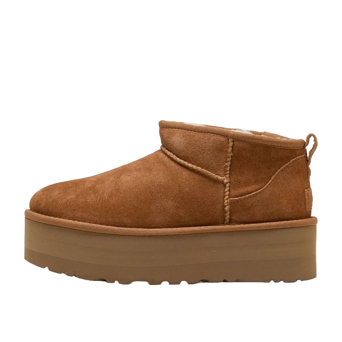 UGG Classic Ultra Mini Platform Boot Women's, side view, model 1135092-CHE, in chestnut with platform sole.