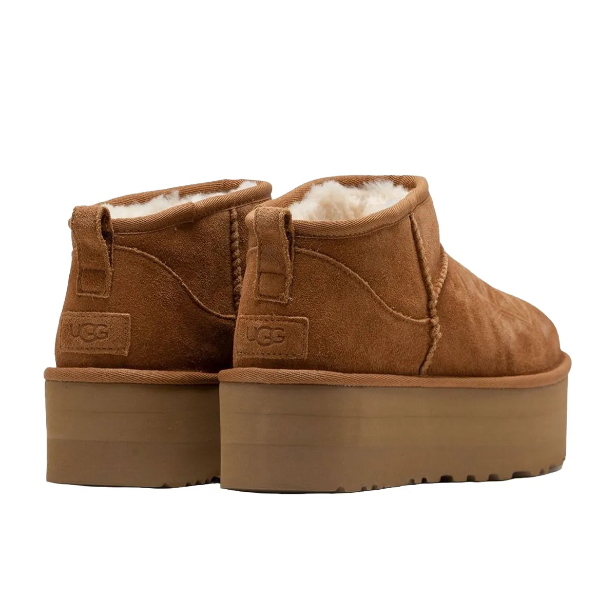 UGG Classic Ultra Mini Platform Boot Women's, back view, model 1135092-CHE, in chestnut with platform sole.