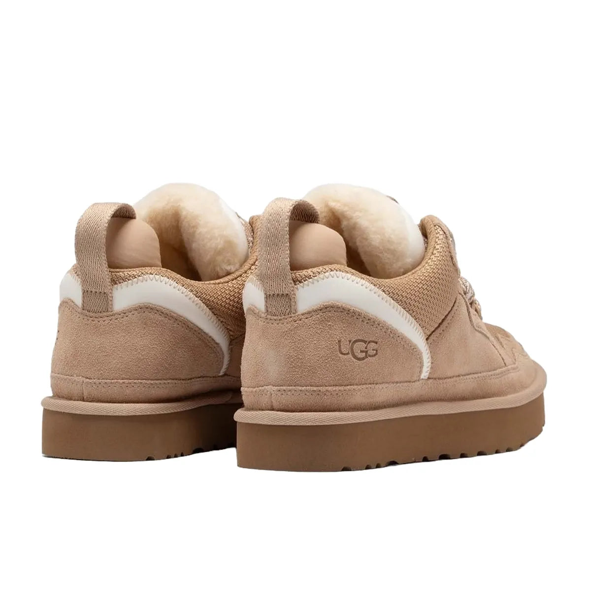 UGG Lowmel Sand Women's slippers, back view, model 1144032-SAN, in soft sand color with plush lining.