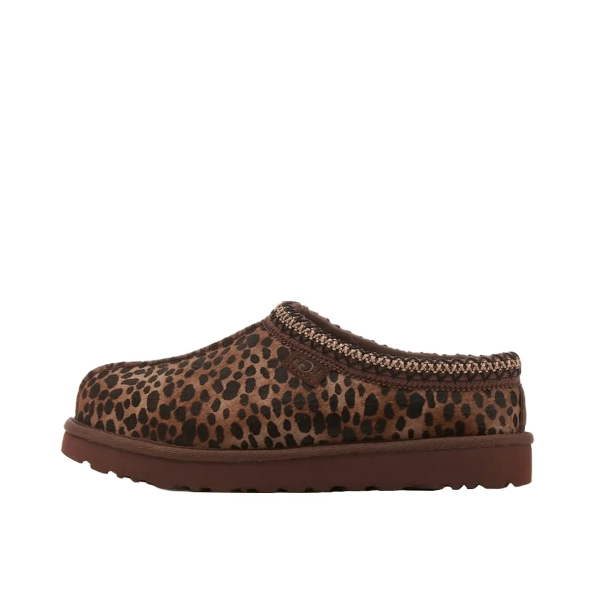 UGG Tasman Slipper Women's, side view, model 1158350-BCDR, in caspian burnt cedar with leopard print.