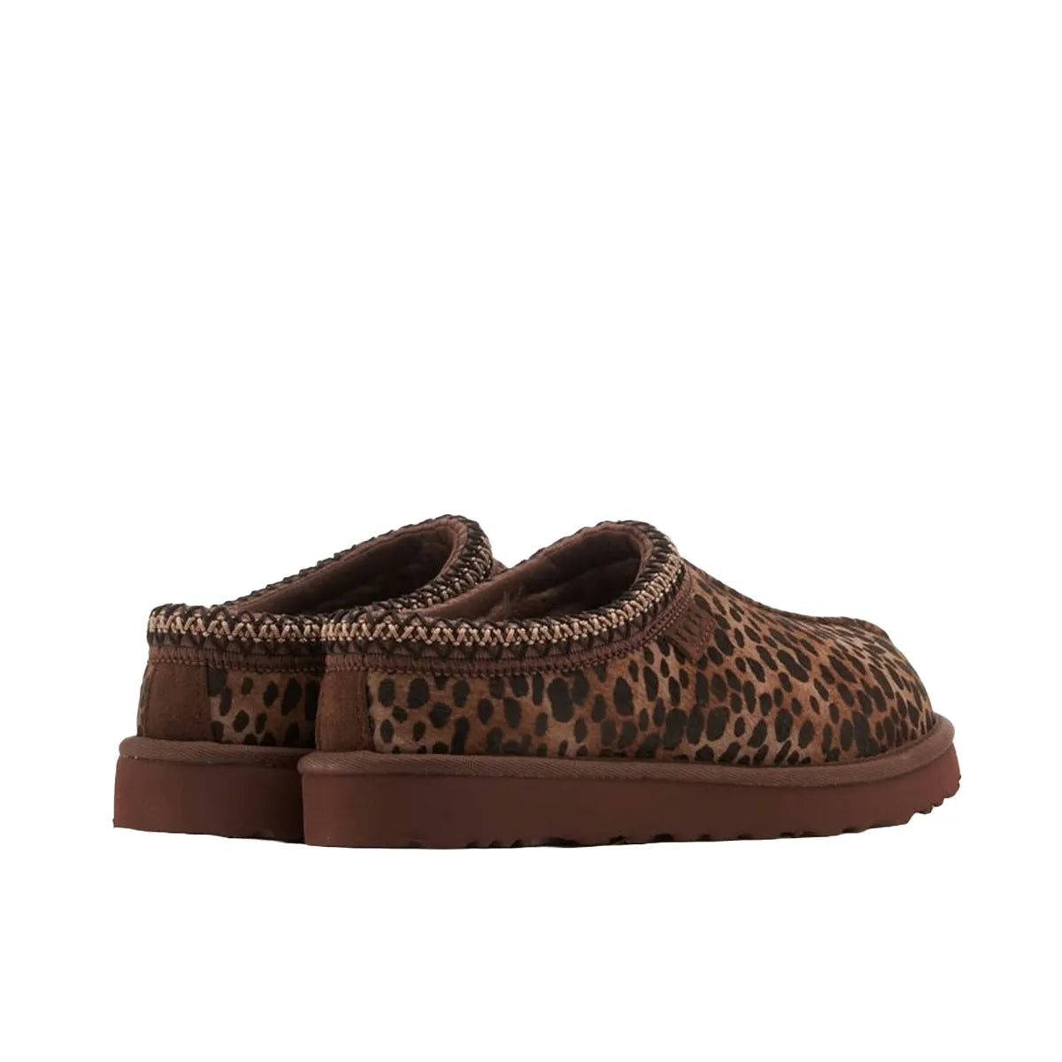 UGG Tasman Slipper Women's, back view, model 1158350-BCDR, in caspian burnt cedar with leopard print.