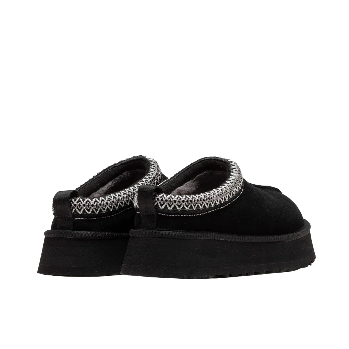 UGG Tazz Women's Slipper, back view, model 1122553-BLK, featuring a black upper with a platform sole.