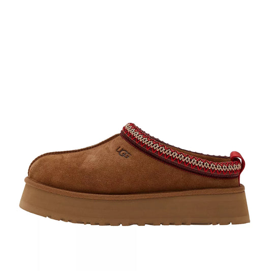 UGG Tazz Slipper Chestnut, side view, women's model 1122553-CHE in chestnut suede with signature thick wool lining and platform sole.