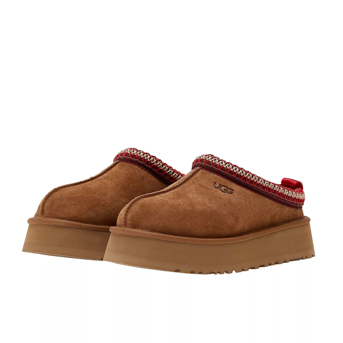 UGG Tazz Slipper Chestnut, front view, women's model 1122553-CHE in chestnut suede with signature thick wool lining and platform sole.