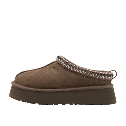 UGG Tazz Slipper Hickory Women's slippers, side view, model 1122553-HCK, in hickory brown with cozy interior.